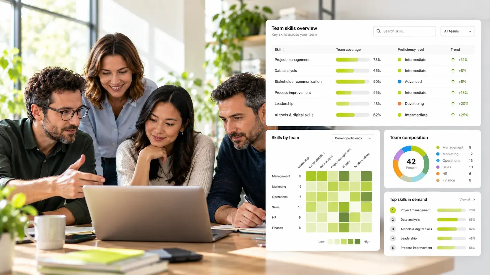 Professionals discussing team skills and talent insights in a bright office