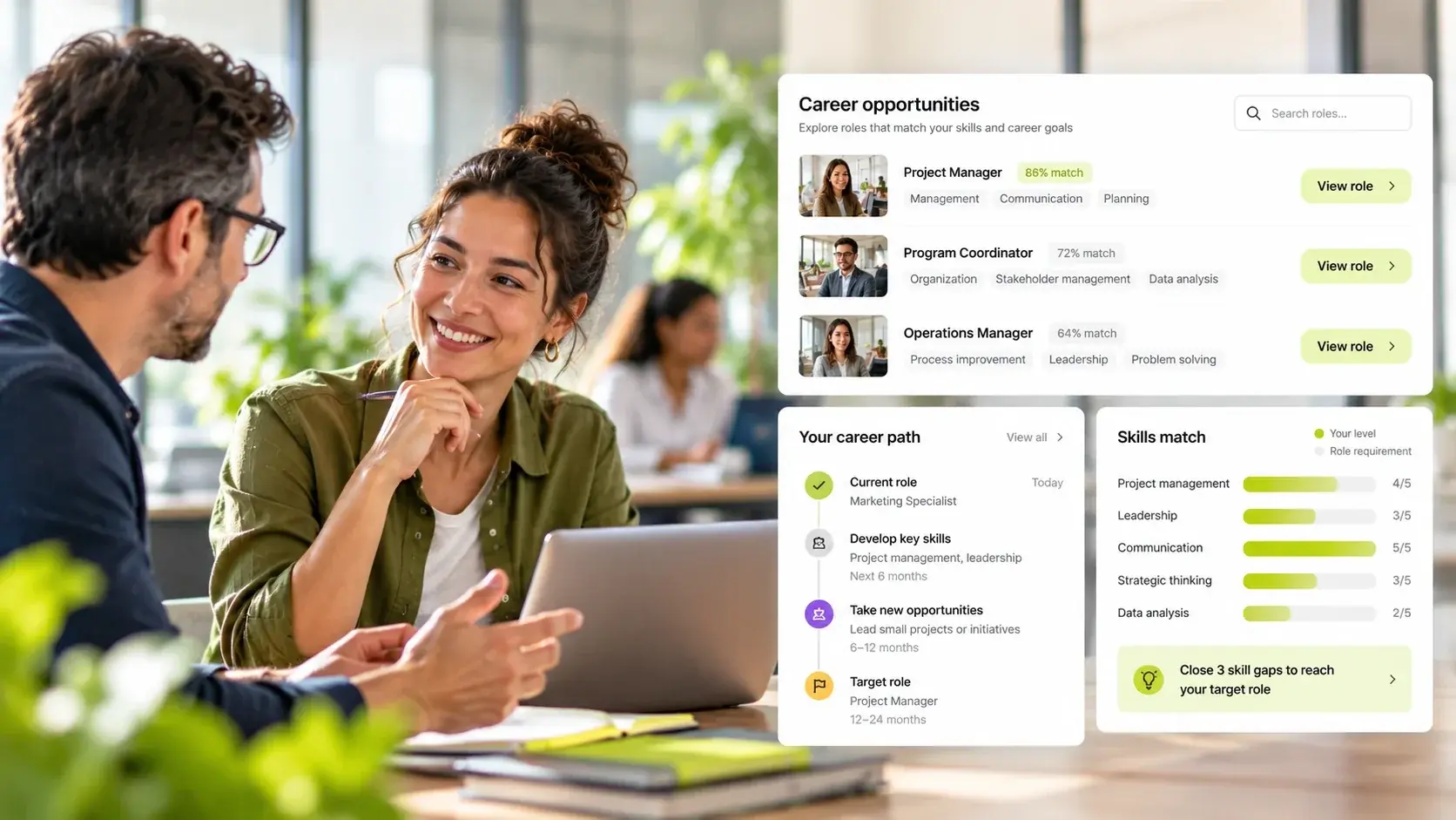 Two colleagues having a career conversation in a bright office