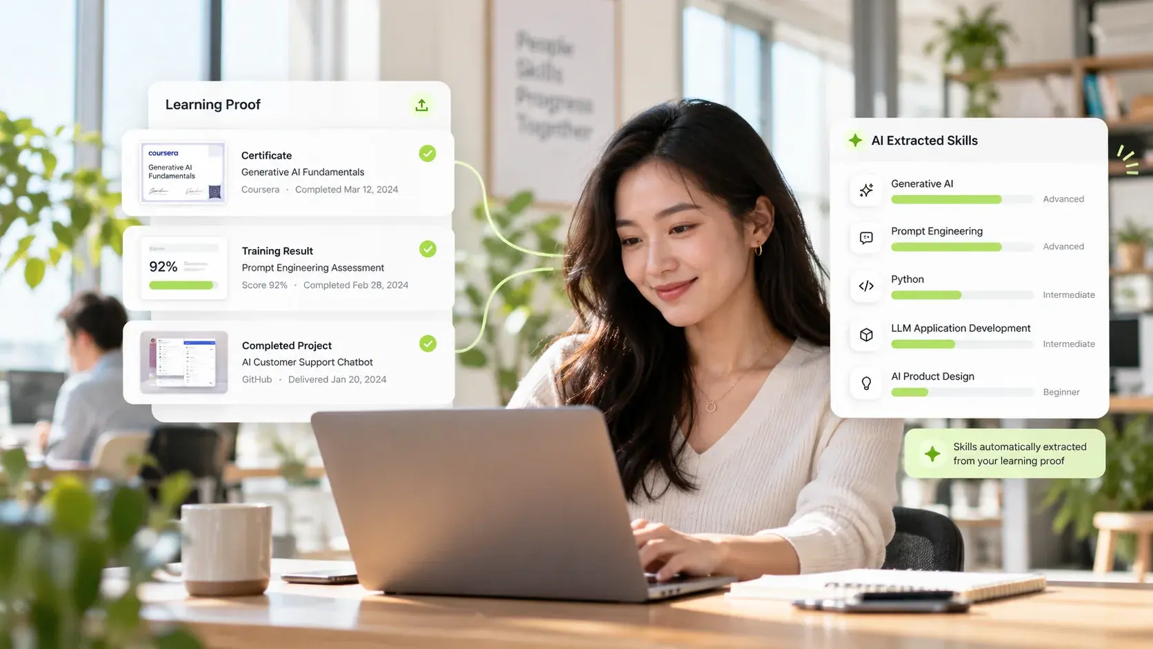 Professional sharing learning achievements while illustrative AI suggestions highlight acquired skills