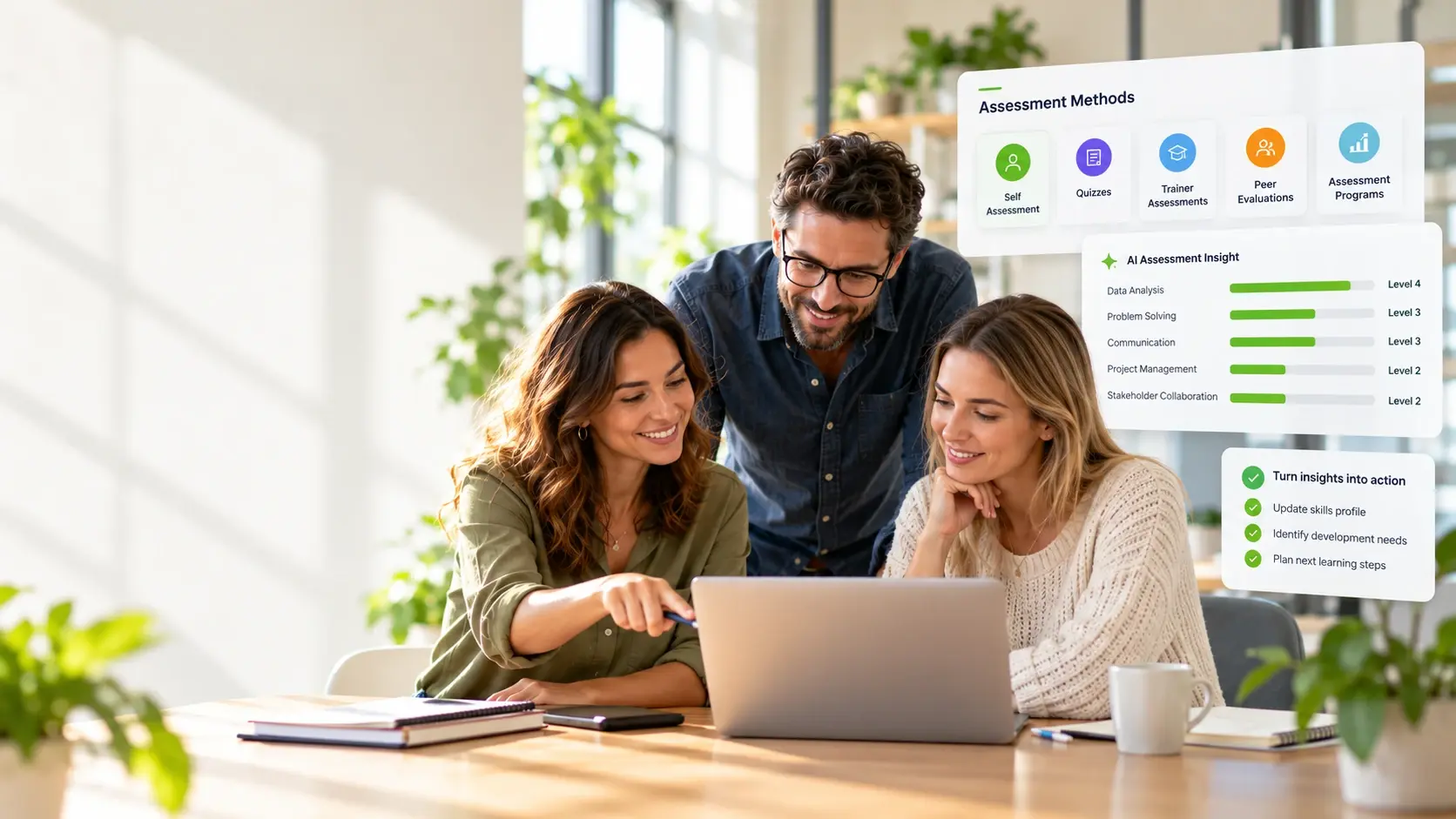 Three colleagues working together at a laptop, with illustrative cards of assessment methods, skill levels and assessment insights (not a product screenshot)