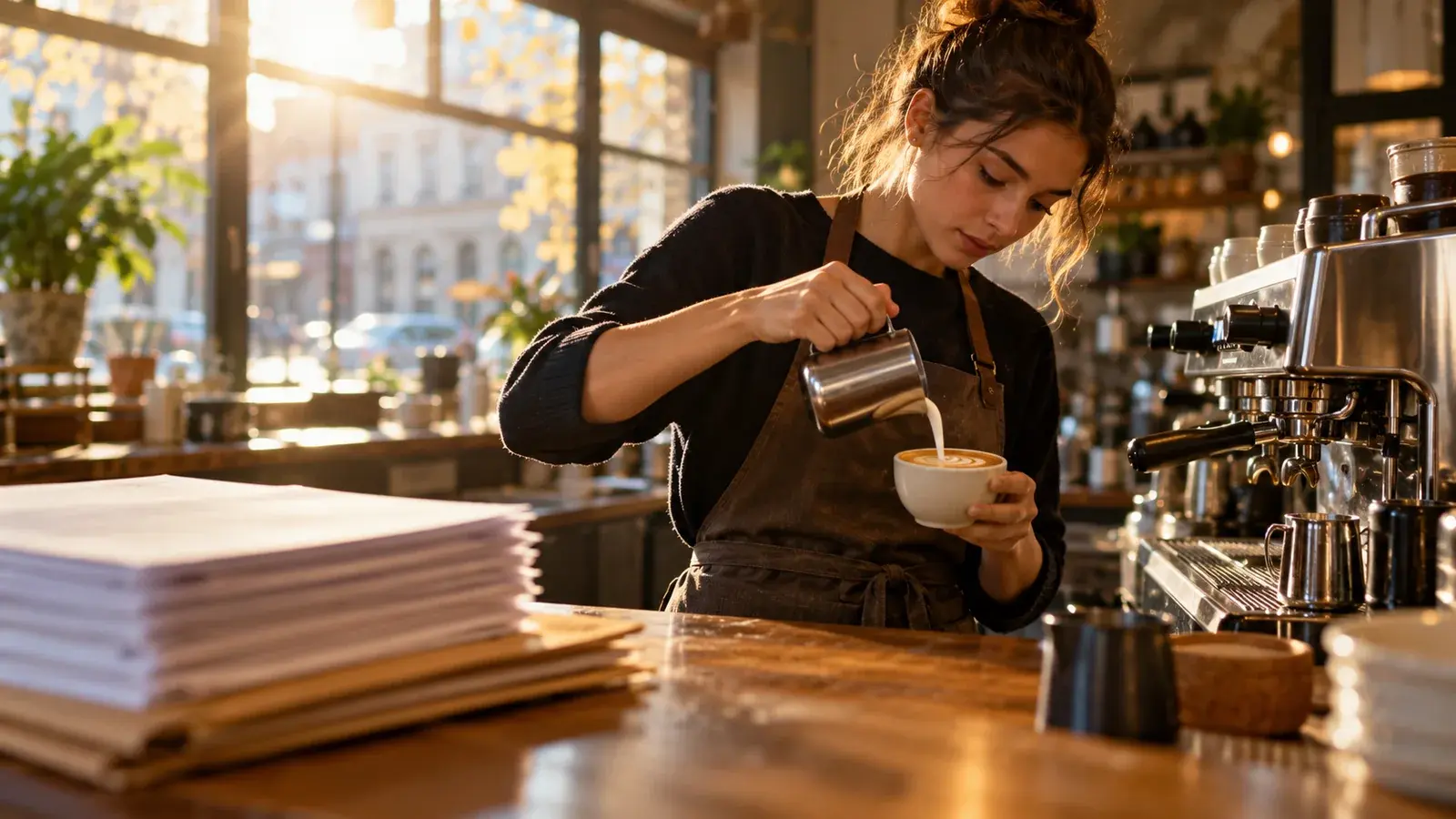 Una persona prepara un café tras la barra, junto a una pila alta de papeles