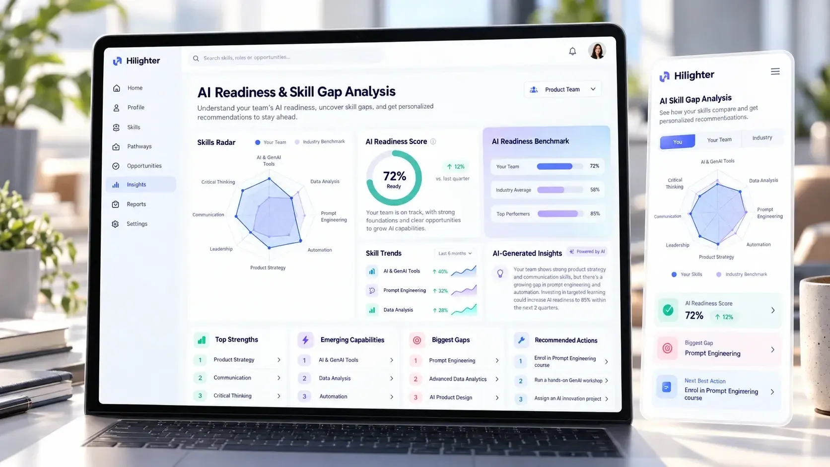 Illustration eines Dashboards zu KI-Readiness und Skill-Gap-Analyse auf Laptop und Smartphone
