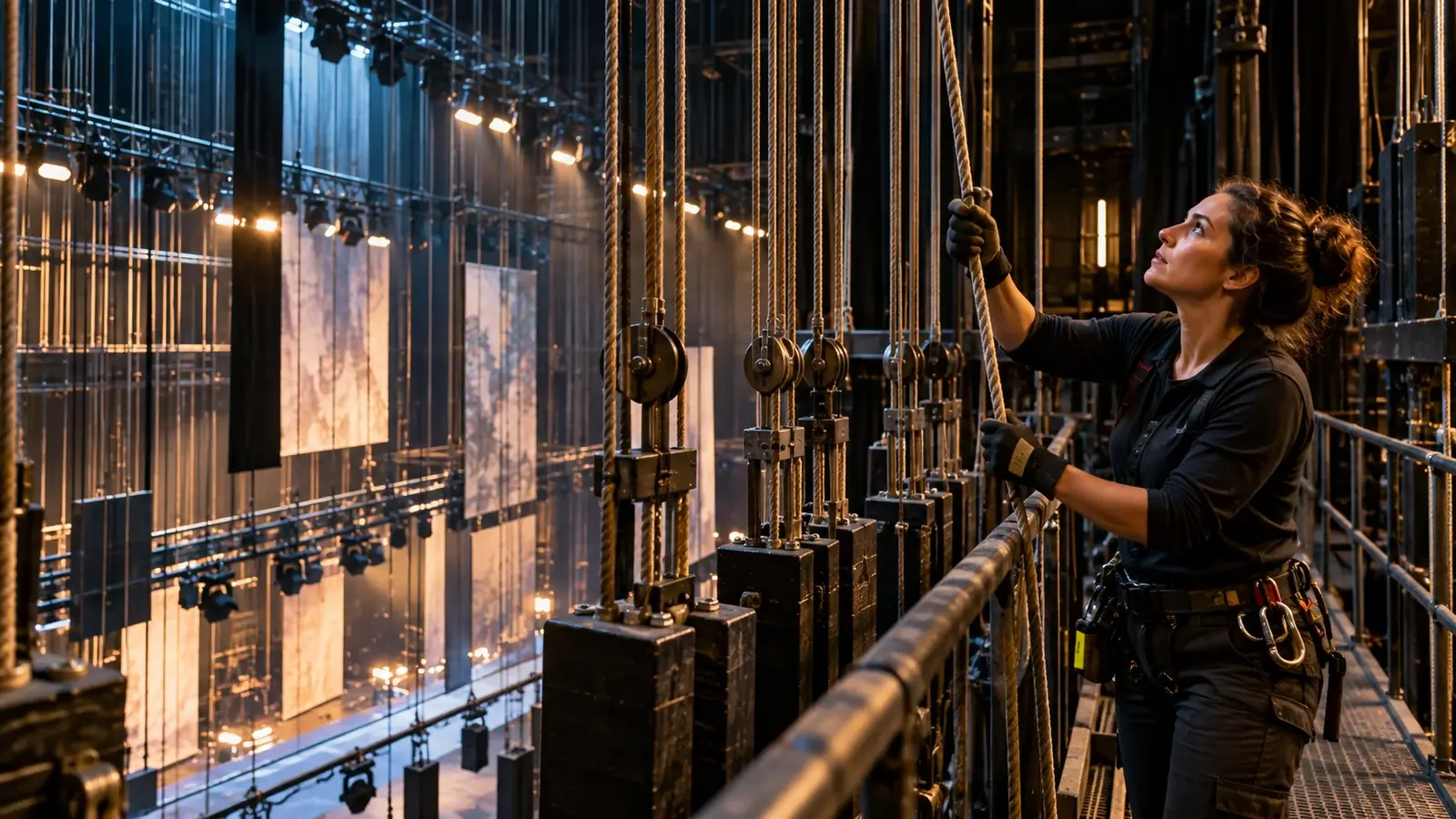 Kobieta w roboczym ubraniu trzyma linę wśród bloków na teatralnej sznurowni