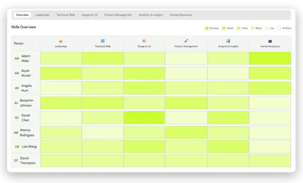 hilighter skills matrix overview comparing people and skill categories